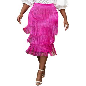 AOMEI Women's High Waist Fringe Tiered Bodycon Pencil Midi Skirt (X-Large)