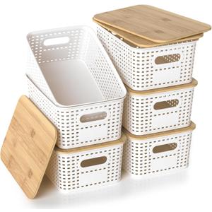 Plastic Storage Baskets with Bamboo Lids, Stackable Small Box Bins for Organizing and Containers for Shelves Drawers Desktop Closet Pantry Classroom Office Home, 6 Pack 10.2x7.2x4.1 Inch, White