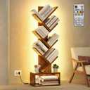 Hoctieon 6 Tier Tree Bookshelf, Tall Bookcase, Freestanding Book Shelf with LED Lights, Display Floor Standing Storage Shelf, Book Organizer Shelves for Home Office, Living Room, Rustic Brown