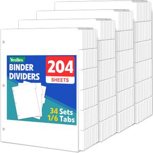 204 Pcs Binder Dividers with Tabs, 1/6 Cut Tabs, Dividers for 3 Ring Binder, Blank Write On Binder Dividers in 6 Tab Sets, Letter Size, 204 Dividers, 34 Sets, White