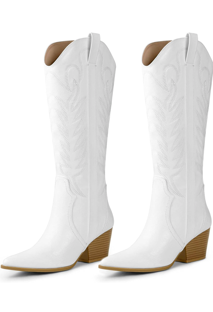 Arromic Cowboy Boots for Women Comfortable Women's Embroidered Western Cowgirl Knee High Boots Pointed Toe Zipper Chunky Heel Country Outfit Retro Tall Boots Size 9