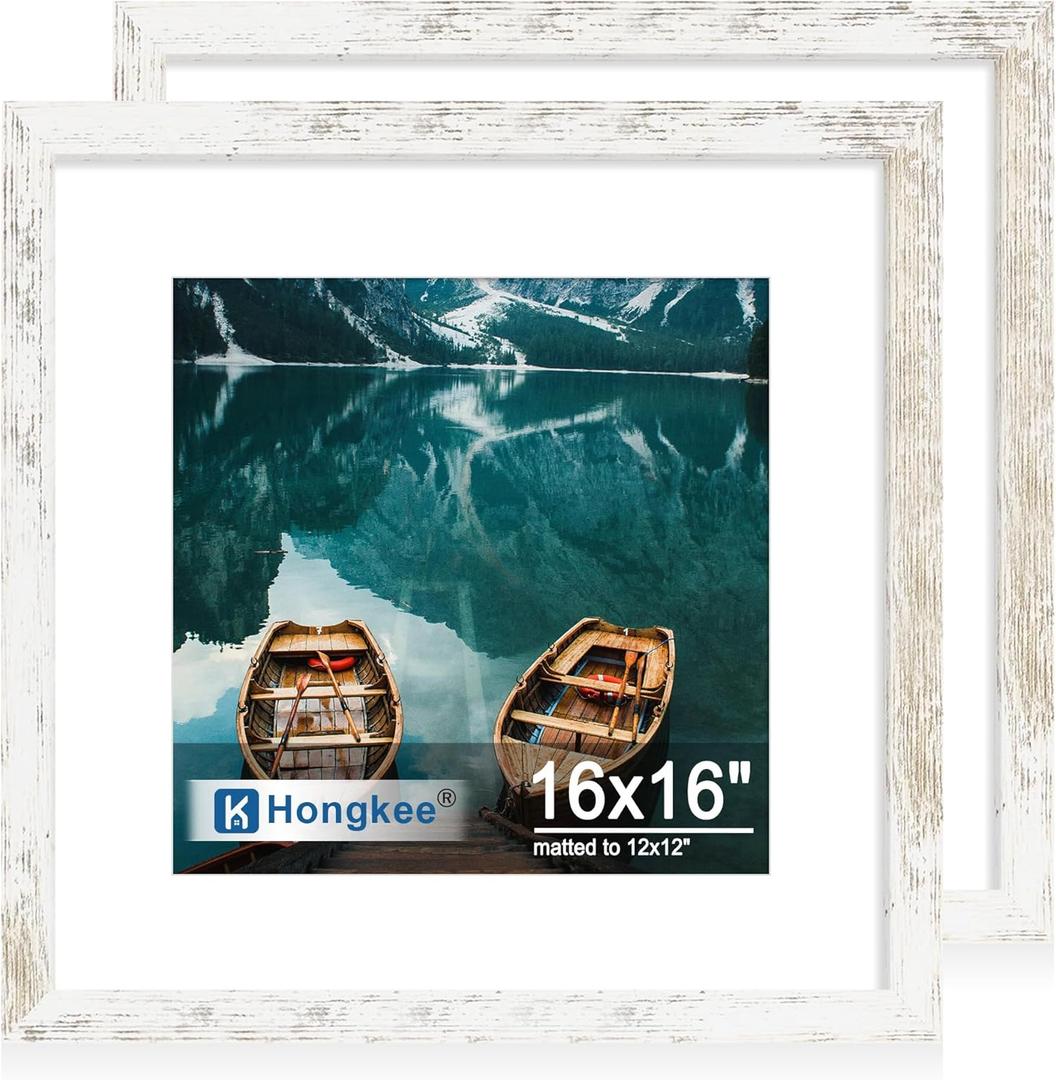 Hongkee 16x16 Frame Set of 2, Distressed White Wood Style - Display Square 12 x 2 with Mat or 16x16 without Mat, Wall Mounting Horizontal and Vertical