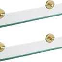 JQK Bathroom Glass Shelf, Floating Tempered Glass Shower Storage 20 by 5 inches, 304 Stainless Steel Brushed Gold Wall Mount 2 Pack 2 Pack, TGS121L20-BG-P2