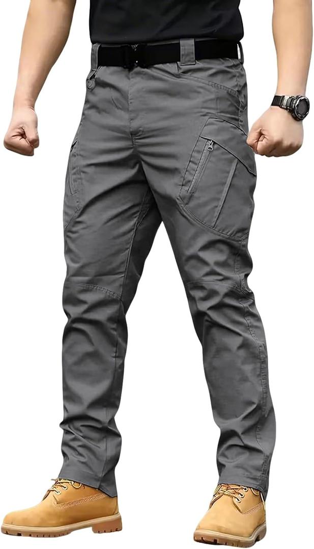 Men's Lightweight Quick-Dry Tactical Pants, Water Resistant Hiking Pants with Pockets for Outdoor & Work (No Belt) (Large, Dark Grey)
