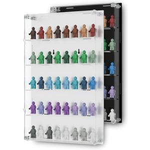 Acrylic Minifigure Display Case - Wall Mount Mini Figure Storage Shelves with White Background - Holds 40 Tall Minifigs - Clear Shelf Box for Large Minifigures - Stands & Extra Accessories