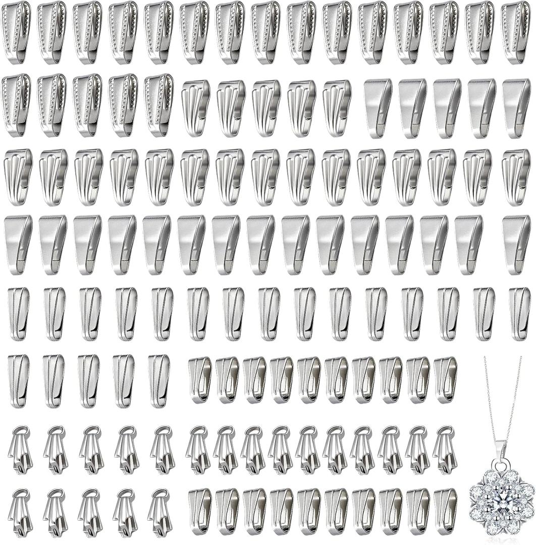 120 Pcs Stainless Steel Pendant Clasps for Necklaces, Pinch Clip Bail Clasp Necklace Pendant Connector Jewelry Findings, 6 Sizes Assortment for DIY Necklaces and Bracelets Jewelry Making Supplies