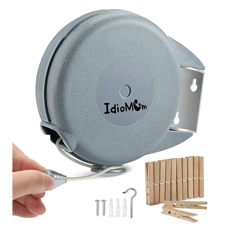 Idiomum Retractable Clothesline Indoor Outdoor Heavy Duty 40 Feet - PVC Clothes Line Retracting - Clothesline with Wall Mount - Retractable Laundry Line for Drying Clothes with 12 Clothes Pins