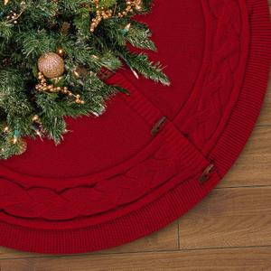 Christmas Tree Skirt, 36 Inch Rustic Holiday Decorations with Cable Knit Pattern, Thick Knitted Christmas Skirt for Farmhouse Holiday Decor, Red