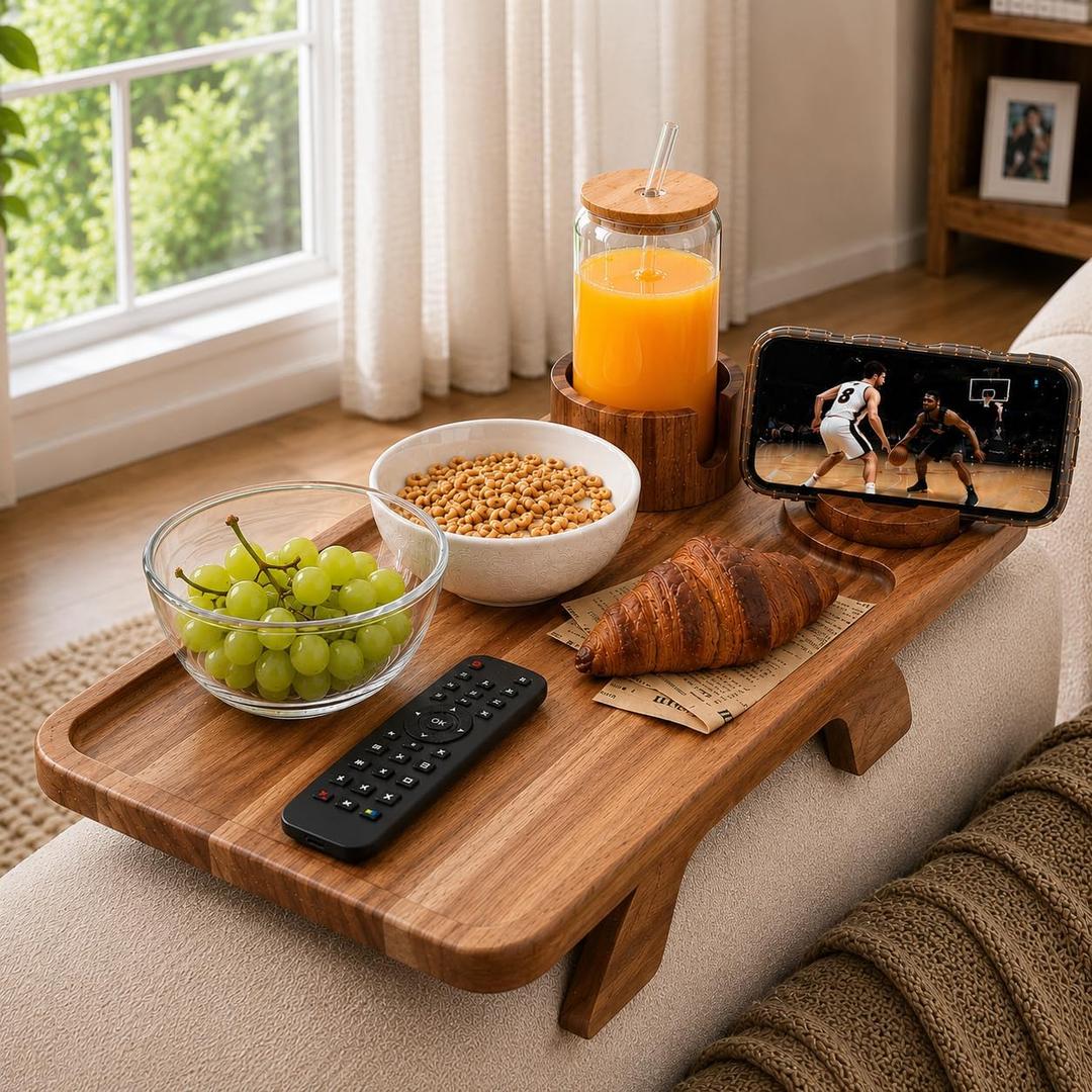 Couch Armrest Table with Cup Holder – Acacia Wood Sofa Arm Tray, 360° Rotating Phone & Tablet Holder, Detachable Couch Caddy, Anti-Slip Clip-On Remote Organizer for Drinks & Snacks