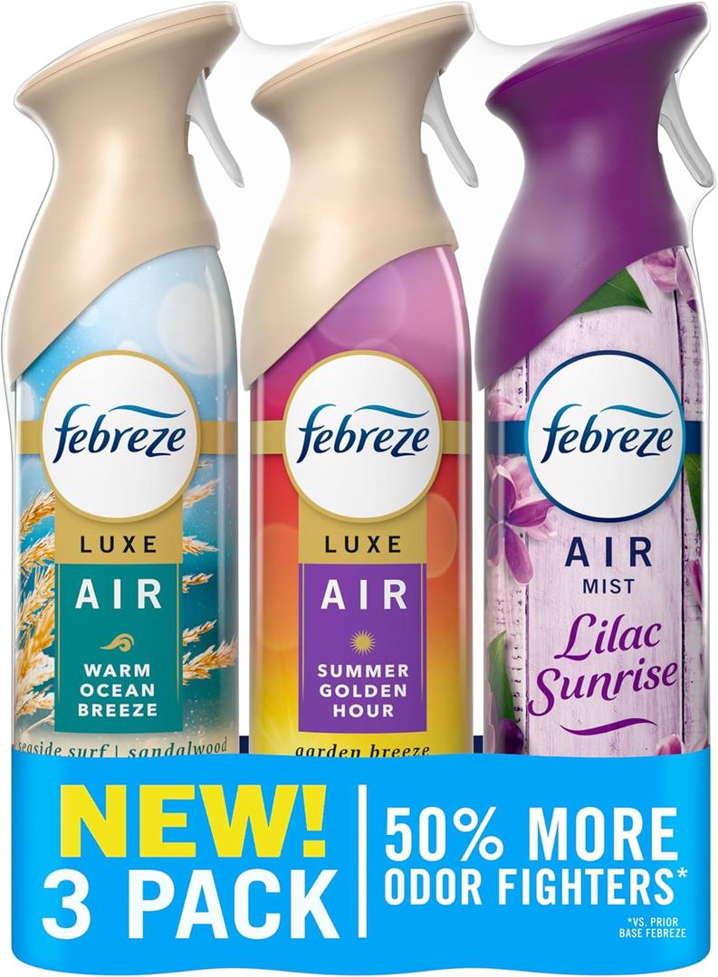 Febreze Air Mist, Air Freshener, Odor Fighting Room Spray, Deodorizer for Home Bathroom Kitchen Office Apartment, Lilac Sunrise, Warm Ocean Breeze, Summer Golden Hour Variety Pack, 8.1oz (Pack of 3)