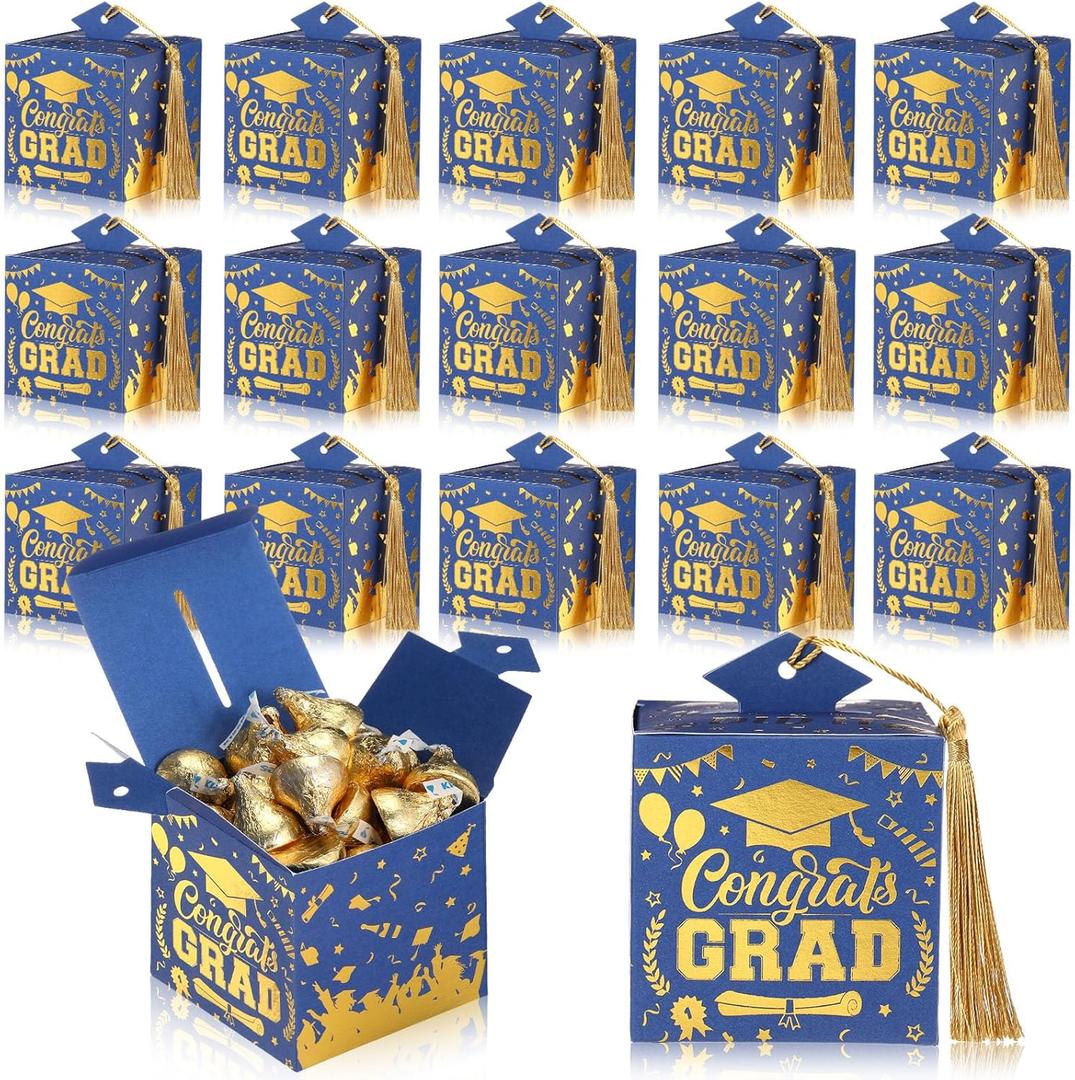 Tenceur 30 Pcs Graduation Cap Gift Box 2026 Graduation Party Cardboard Favors Candy Treat Box Grad Centerpieces with Tassel for High School College Congrats Party Decoration(Blue and Gold)
