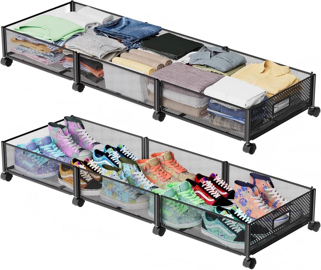 Under Bed Storage with Wheels 47.2"(L)/57.6L Large Rolling Under Bed Storage, Metal Underbed Containers on Wheels, Tool-Free Assembly Foldable Metal Underbed Drawers for Shoes Clothes Toys