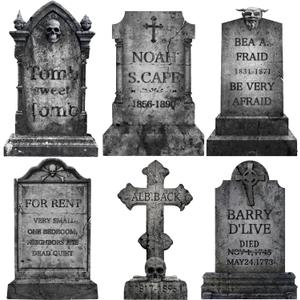 Funny Halloween Graveyard Tombstones Prop Yard Stakes Signs 6 Styles Puns Cardboard Headstones for Cemetery Halloween 17in RIP Graveyard Tombstones Outdoor Props Yard Decorations with Stakes