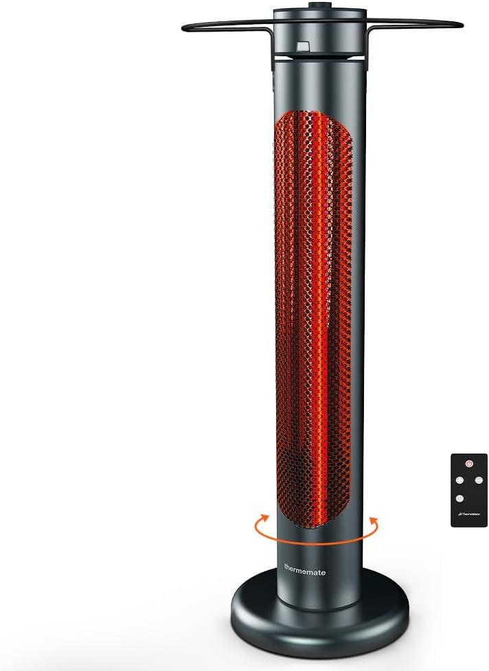 ThermoMate Electric Patio Heater, 1500W IP65 Outdoor/Indoor Infrared Heater with Remote, 8 Heating Levels 8-Hour Timer & Oscillation, Tip-over Protection for Garage Backyard Restaurant (34")
