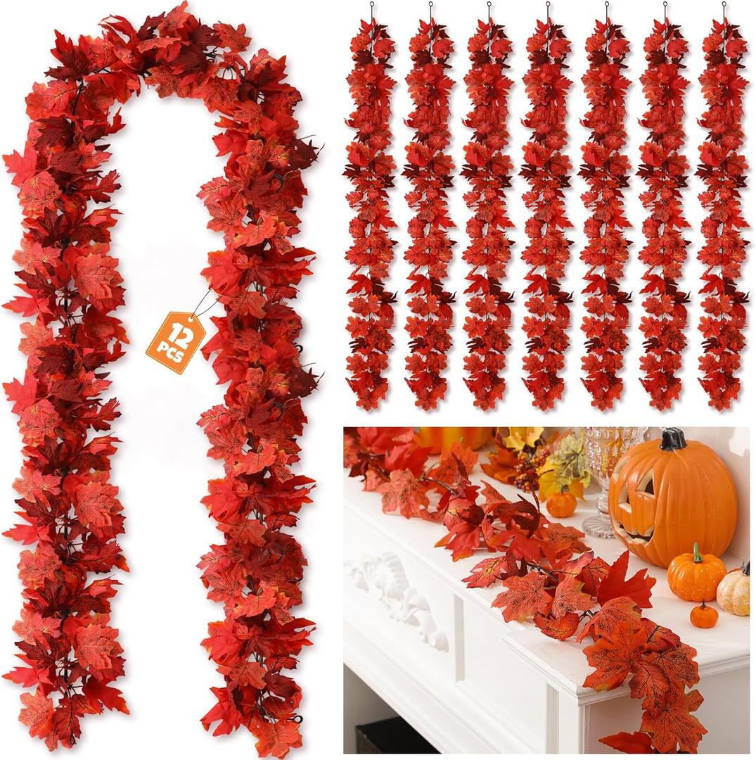 Janinka 12 Pack Fall Maple Leave Garland 5.7 ft Artificial Maple Leaves Autumn Garland Hanging Fall Vines Table Decoration for Home Thanksgiving Harvest Fireplace Mantel Porch Indoor Outdoor(Red)