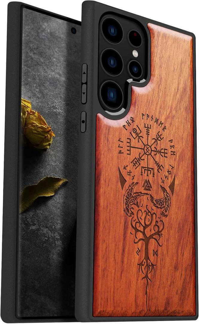 Carveit Wood Case for Galaxy S23 Ultra Case [Natural Wood & Black Soft TPU] Shockproof Protective Cover Unique & Classy Wooden Design Compatible with Samsung S23 Ultra (Viking Compass-Rosy)