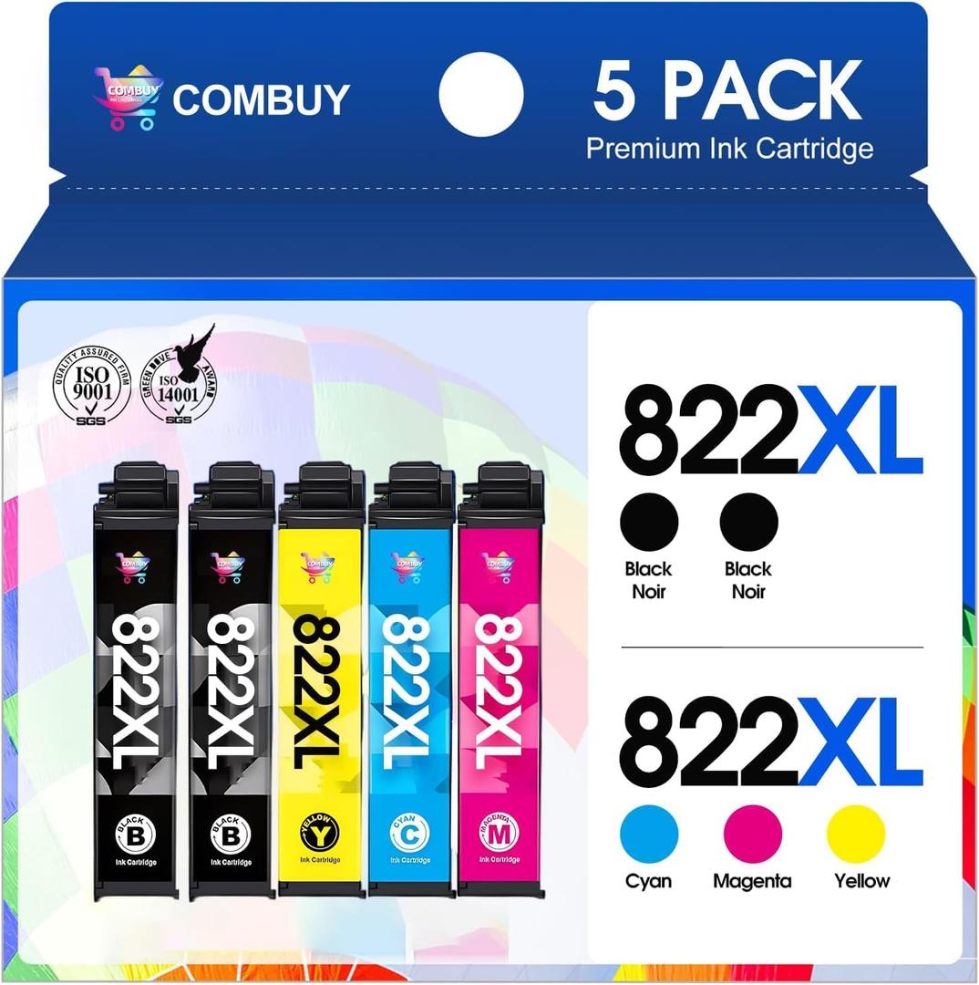 822XL Ink Cartridges Combo Pack Remanufactured Replacement for Epson 822XL Ink Cartridges 822XL Work for Epson WF-3820 Printer WF-4820 WF-4830 WF-4833 WF-3823 WF-4834 (5 Pack)