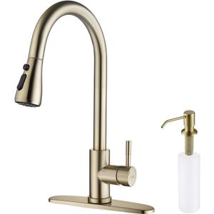 Keer Gold Single Handle Pull Down Kitchen Faucet with Soap Dispenser, 3 Modes Sprayer, Easy Assembly, Single Handle High Arc Stainless Steel Faucet