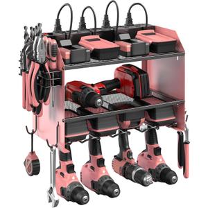 CCCEI Modular Power Tool Organizer Wall Mount with Charging Station. Garage Drill Storage Shelf with Hooks, Heavy Duty Rack, Tool Battery Holder Built in 8 Outlet. Gift for Men. Pink, 1 Pack.