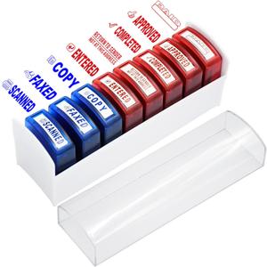 Self Inking Office Stamp Set for Approved Paid Completed Copy Faxed Scanned Stamps, Rubber Business Stamp 8 PCS with Plastic Tray Message Account Stamp Paper Work Text Ink Stampers