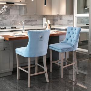 Ball & Cast Velvet Upholstered Wingback Bar Stools Set of 2, Button Tufted Counter Height Bar Stool Chairs with Nailhead Trim&Handle Ring, Padded Kitchen Island Barstools w/Wood Frame, Light Blue