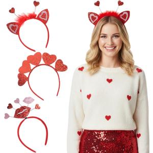 Valentine's Day Headbands for Women - 3Pcs Sequin Heart Hair Accessories for Party Decorations, Photo Booth Props, Cute Holiday Hair Bands