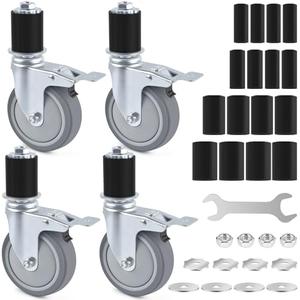 ERKOON 4 Inch Prep Table Caster Wheels Set, 4 Heavy Duty Expanding Stem Casters Fit 7/8", 1", 1-1/2", 1-5/8" Tube Leg with Brake for Stainless Steel Table, Cart, Furniture Legs, Kitchen Workbench
