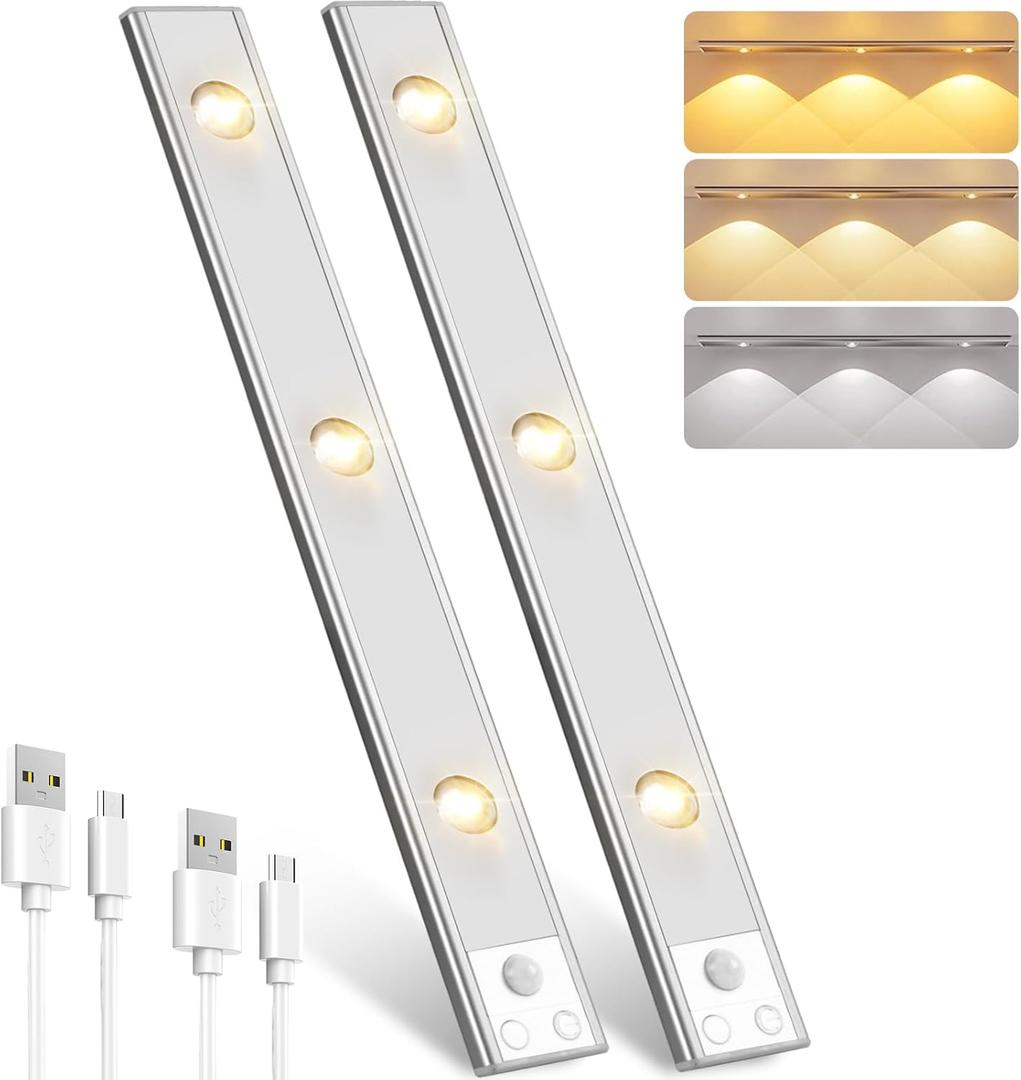 Pak Under Cabinet Lights, Rechargeable Motion Sensor Light Indoor, Wireless and 3-Color Dimmable with Cats Eye Hill Effect, for Display Cabinets, Showcases, Wine Racks, 2 Pack, Silver (16 inch)