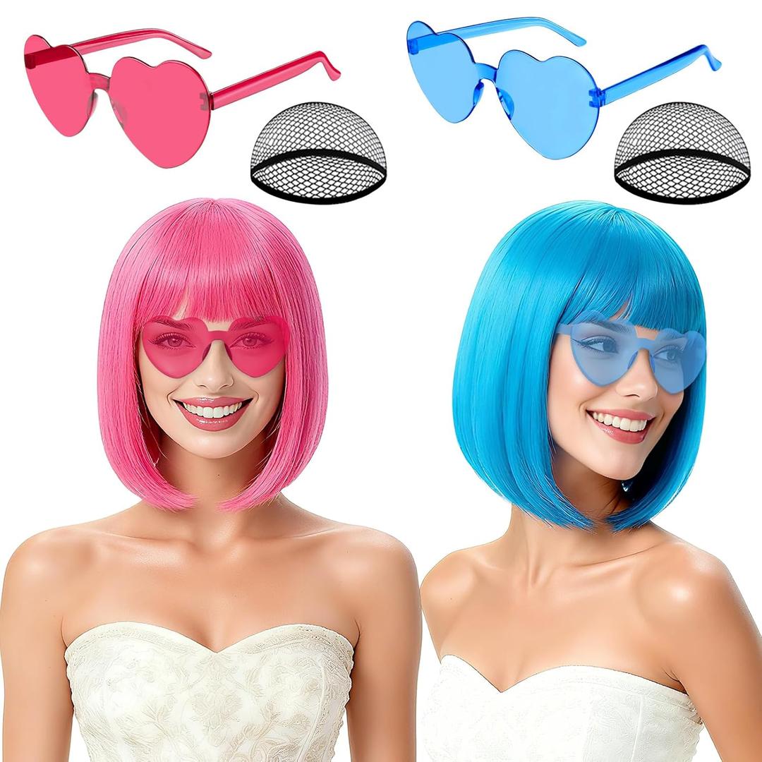 2 Pack Colored Bob Wigs and Heart Sunglasses Set, Blue Hot Pink Short Straight Bob Wig with Bangs Neon Party Colorful Synthetic Hair for Women Men Halloween Costume Bachelorette Party Favors