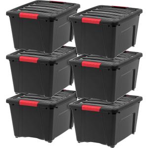 IRIS USA 32 Qt Stackable Plastic Storage Bins with Lids, 6 Pack - BPA-Free, Made in USA - Garage Organizing Solution, Latches, Durable Nestable Containers, Secure Pull Handle - Black