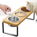Elevated Cat Bowls with 3 Stainless Steel Bowls | 10 Tilted Anti-Vomiting Raised Cat Food Bowl for Small Cats and Puppies Pet Bowl with Stand (Bamboo)
