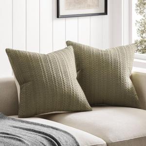 ZeeMart 100% Cotton Waffle Textured Throw Pillow Covers Set of 2, 16x16 Inch Khaki Green, Soft Farmhouse Decorative Couch Pillow Cases Green Cushion Covers for Sofa Bed Living Room Home Decor