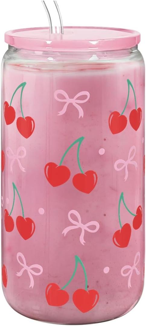 SANDJEST Cherry 16 Oz Can Glass Tumbler with Acrylic Lid and Straw - Iced Coffee Cups for Women, Aesthetic Glass Cup Gift for Birthday Christmas