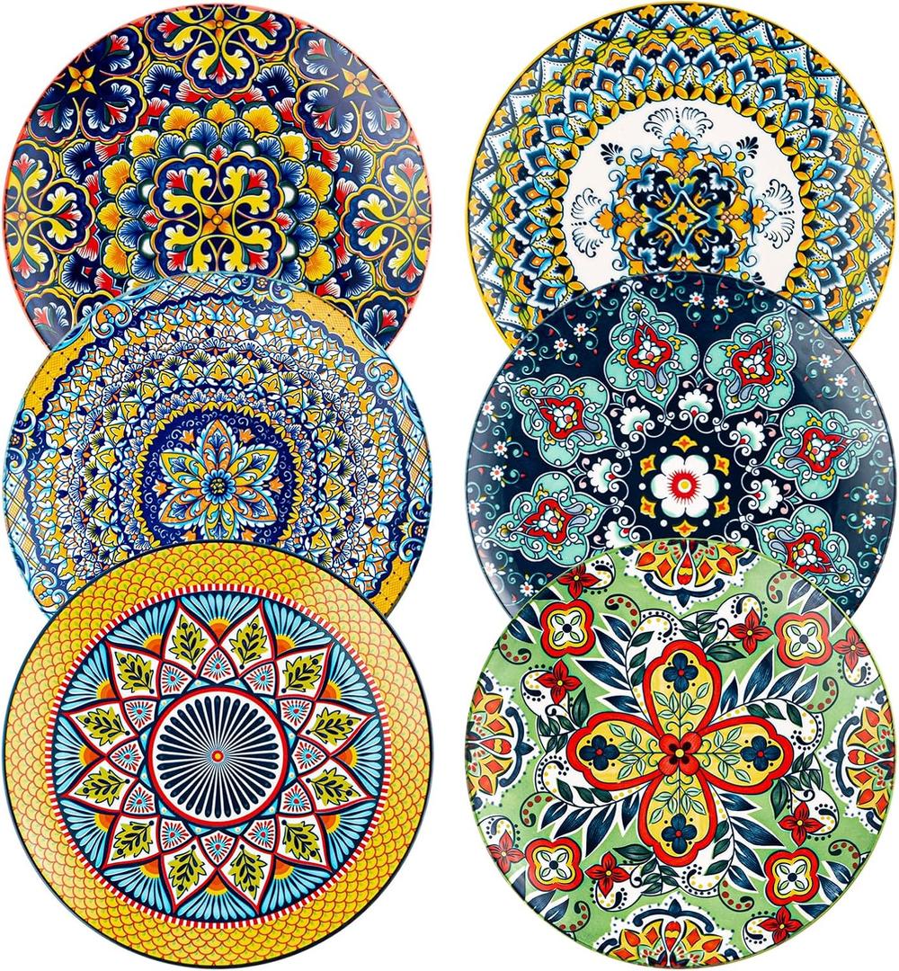 Ceramic Dessert, Salad Plates 8.5 Inch, Small Dinner Plate Set of 6- Serving Dishes for Thanksgiving & Christmas, Dishwasher & Microwave Safe - Bohemian Style
