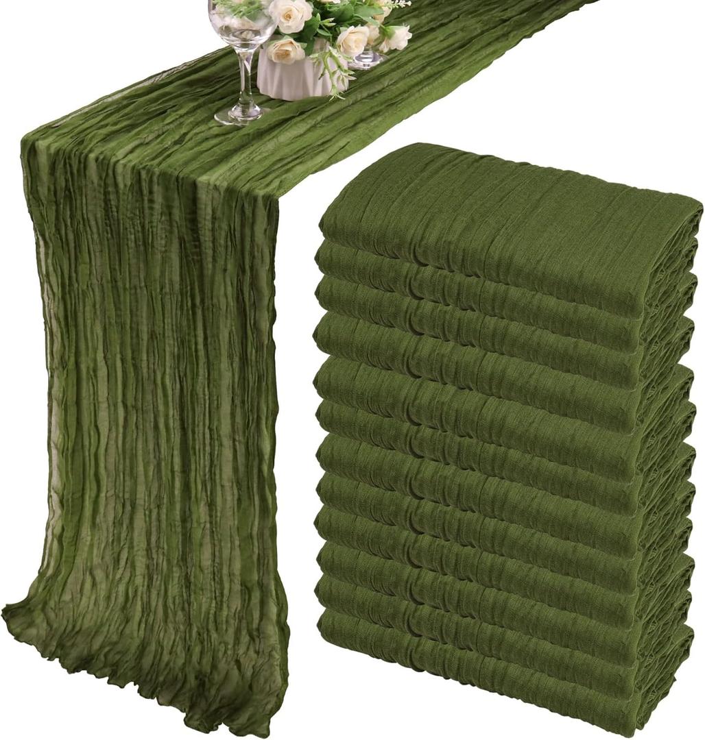 12 Pack 10Ft Cheesecloth Boho Gauze Table Runner - 35x120 Inch, Rustic Cheese Cloth, Long Runner for Wedding, Bridal Shower, Birthday Party Decor (Grass Green)