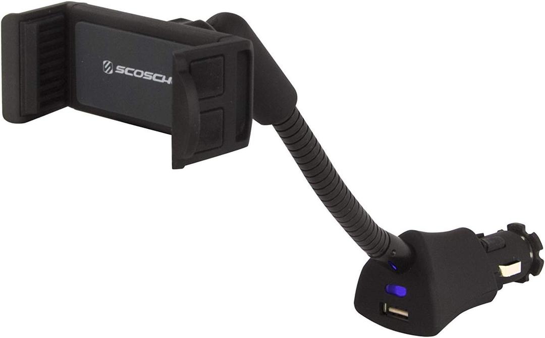 Scosche H12VFXM PowerMount Phone Mount for Car | 12V Charger for Vehicle's Power Port | 7.5 Watts | Flexible Mount Arm| Black
