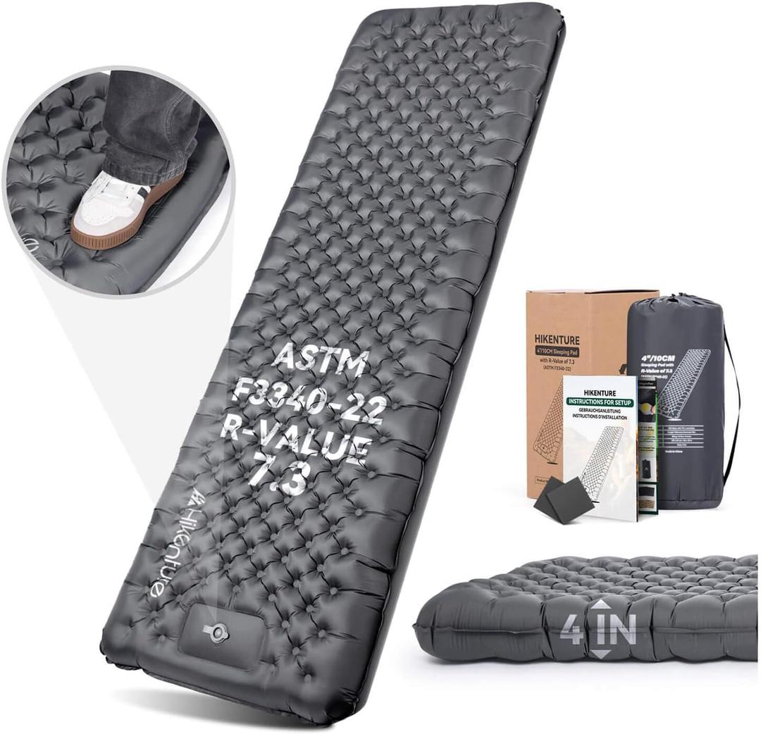 Hikenture 7.3 R-Value Camping Sleeping Pad, 4 Insulated Camping Mat with Foot Pump, Ultralight Backpacking Air Mattress for 4 Seasons, Inflatable Sleeping Mat for Outdoor, Hiking, Tent(1231-A1)