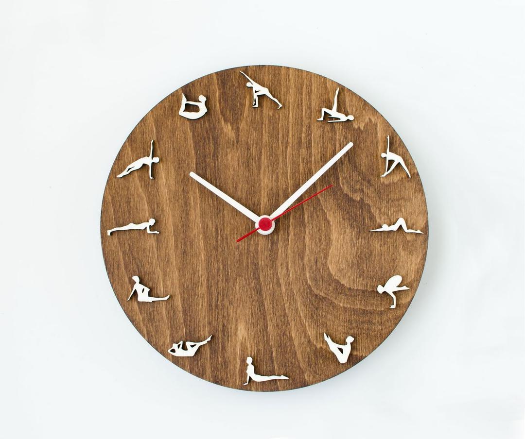 Pilates clock 10" diameter, Wood clock with pilates poses