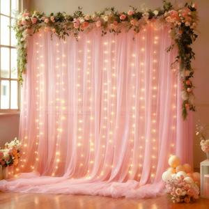 10x10FT Pink Wrinkle Free Backdrop Curtains with Lights String for Parties - Photo Curtain Backdrop with Lights for Wedding Decorations, Bridal Baby Shower Birthday Party Photography Background (10FTx10FT (W5'xH10', 2 Panels))