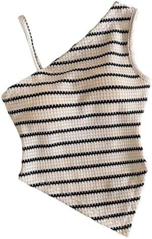OYOANGLE Girl's Striped Crochet Tank Top Asymmetrical Neck Fitted Sleeveless Hanky Hem Tops, Size 12 Y