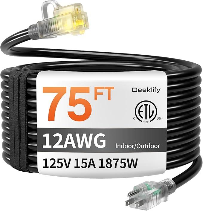 12AWG 75 FT Heavy Duty Outdoor Extension Cord Waterproof with Lighted End,Black 12 Gauge Extension Cord Flexible and Cold Resistant 3 Prong Grounded Plug,15Amp 1875W SJTW ETL Listed
