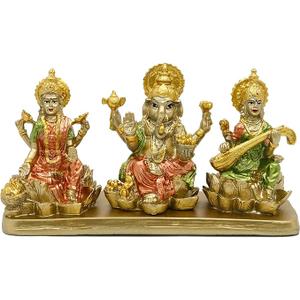 Hindu Lakshmi Ganesha Saraswati Statue - Laxmi Ganesh Idol for Car Dashboard Decor Home Temple Mandir Pooja Item Indian Puja Item Diwali Gift Meditation Yoga Altar Decoration