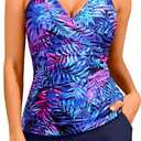 Women Tankini Swimsuits with Shorts - Two Piece Tummy Control Bathing Suits Top with Two Pockets Bottom Swimwear (XX-Large, Blue Purple Leaves)