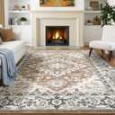 Lessymo 5x8 Area Rug for Living Room - Machine Washable Area Rugs, Super Soft Faux-Wool Area Rugs for Bedroom Kitchen, Boho Rug Vintage Floral Non-Slip Low Pile, Brown Beige