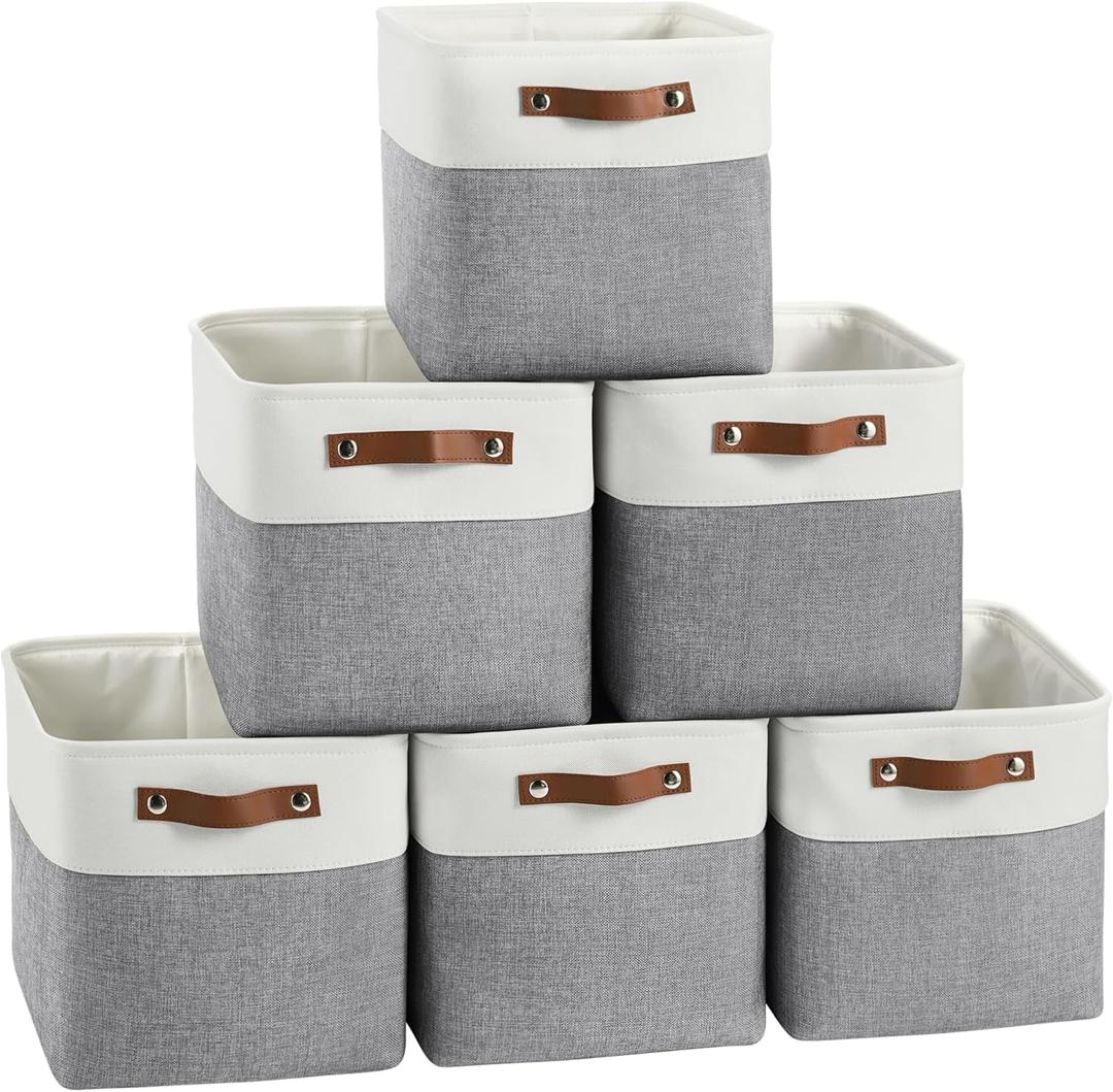 FinishingBo Cube Storage Baskets 6 Pack, 11x11 inch Cube Storage Bins with Leather Handles for Shelf Closet (White/ Gray)