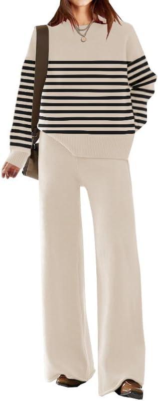 ETCYY NEW Womens Elegant Lounge Sets Knitted Sweatsuit Sets 2 Piece Outfits with Sweater Tops and Wide Leg Sweatpants (Small, 115striped Beige)