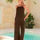 Womens Two Piece Sets Summer Spaghetti Strap Tank Top Wide Leg Pants Lounge Sets Travel Beach Vacation Outfits Summer (Brown, S)