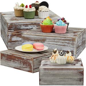 Juexica Set of 4 Large Wood Display Risers Rustic Cupcake Stand Size 11.8",10",7.8",6.3", Wooden Stackable Display Box Wood Cake Stand for Dessert Wedding Birthday Christmas Party(Classic)