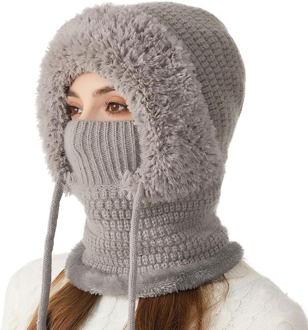 Women's Outdoors Windproof Scarf Hat, 3 in 1 Winter Balaclava for Women, Warm Knitted Face Mask Hat Cap ScarfGray