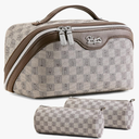 BOYATU Travel Makeup Bag Cosmetic Bags for Women: Large Make up Bags Set of 3 - Portable Makeup Organizer with Compartments&Handle&Divider - Waterproof PU Leather Toiletry Bag(C-1-Light Brown)